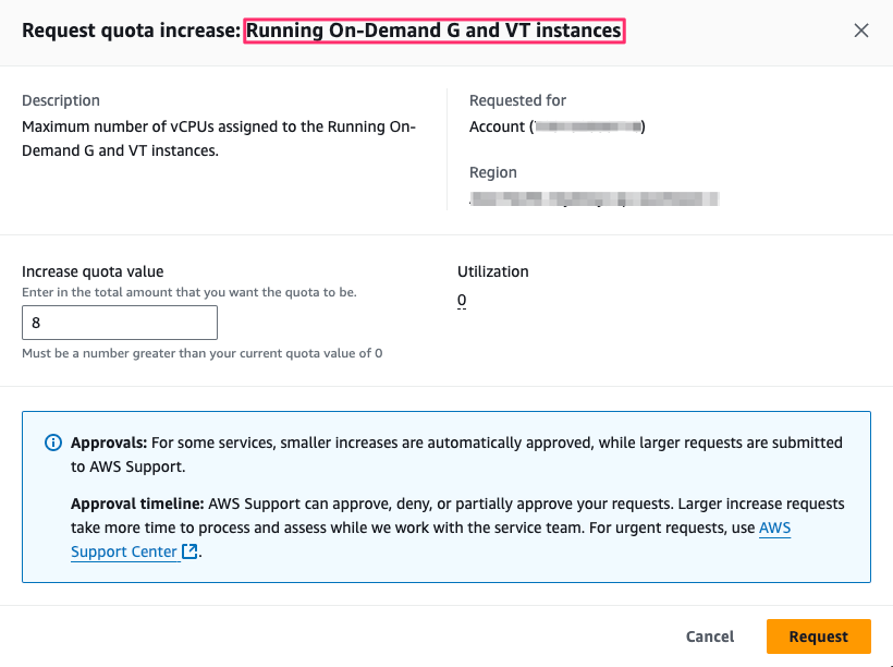 screen shot of requesting a G instance quota increase on AWS